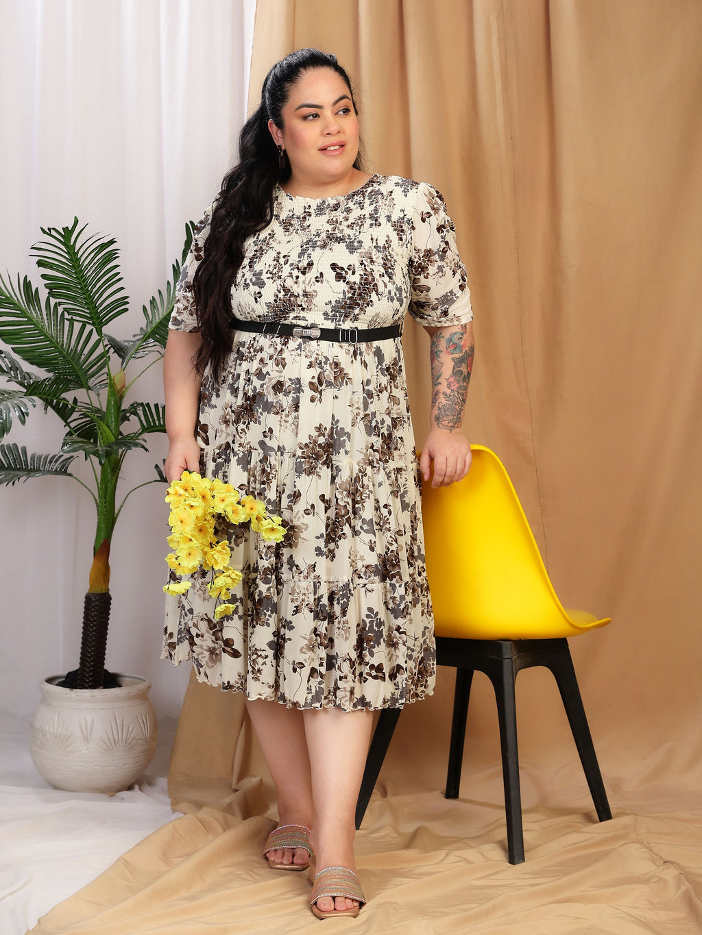 Floral Smocked Midi Dress (White)