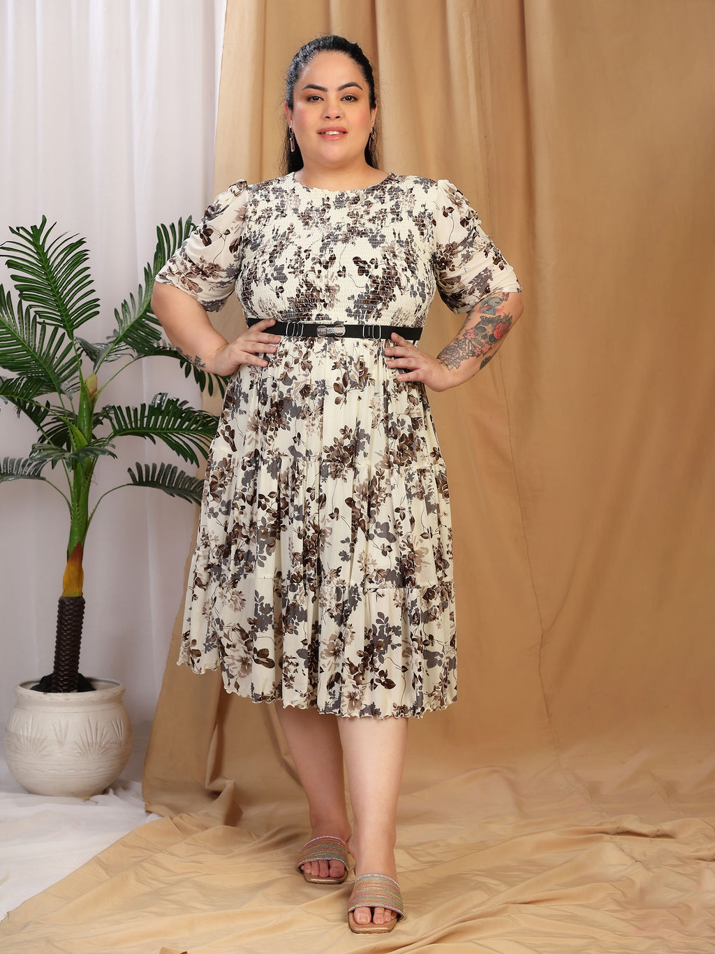 Floral Smocked Midi Dress (White)