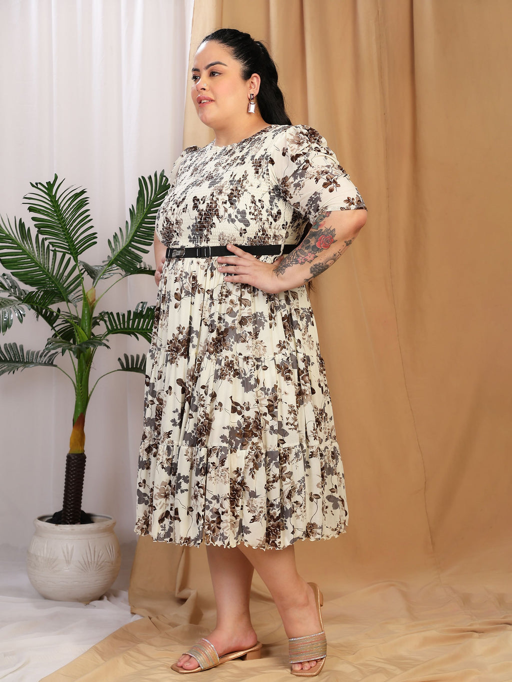 Floral Smocked Midi Dress (White)
