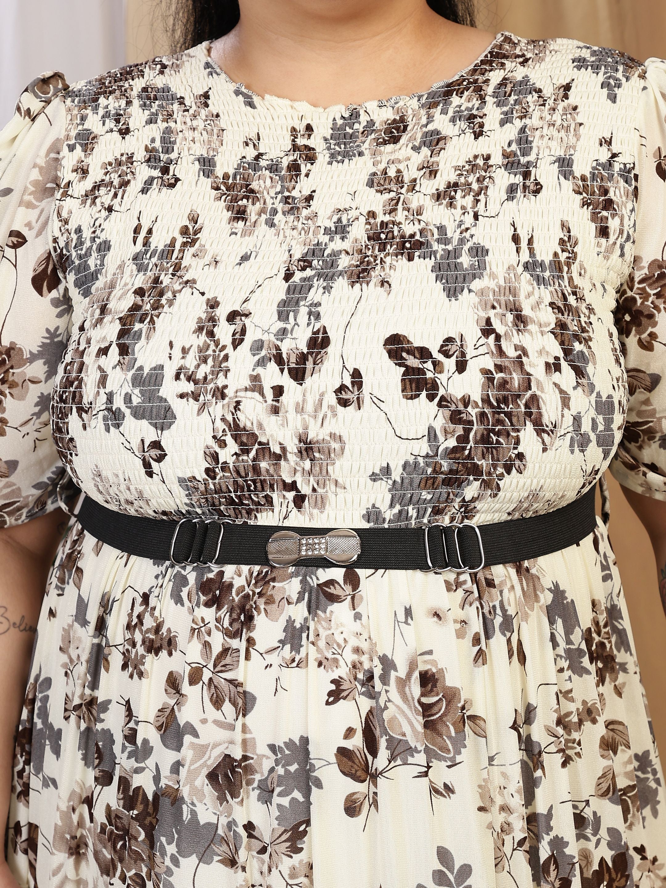 Floral Smocked Midi Dress (White)