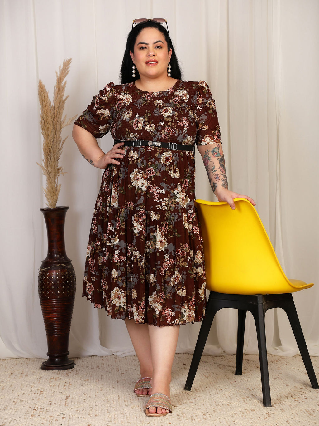 Floral Smocked Midi Dress (Marron)