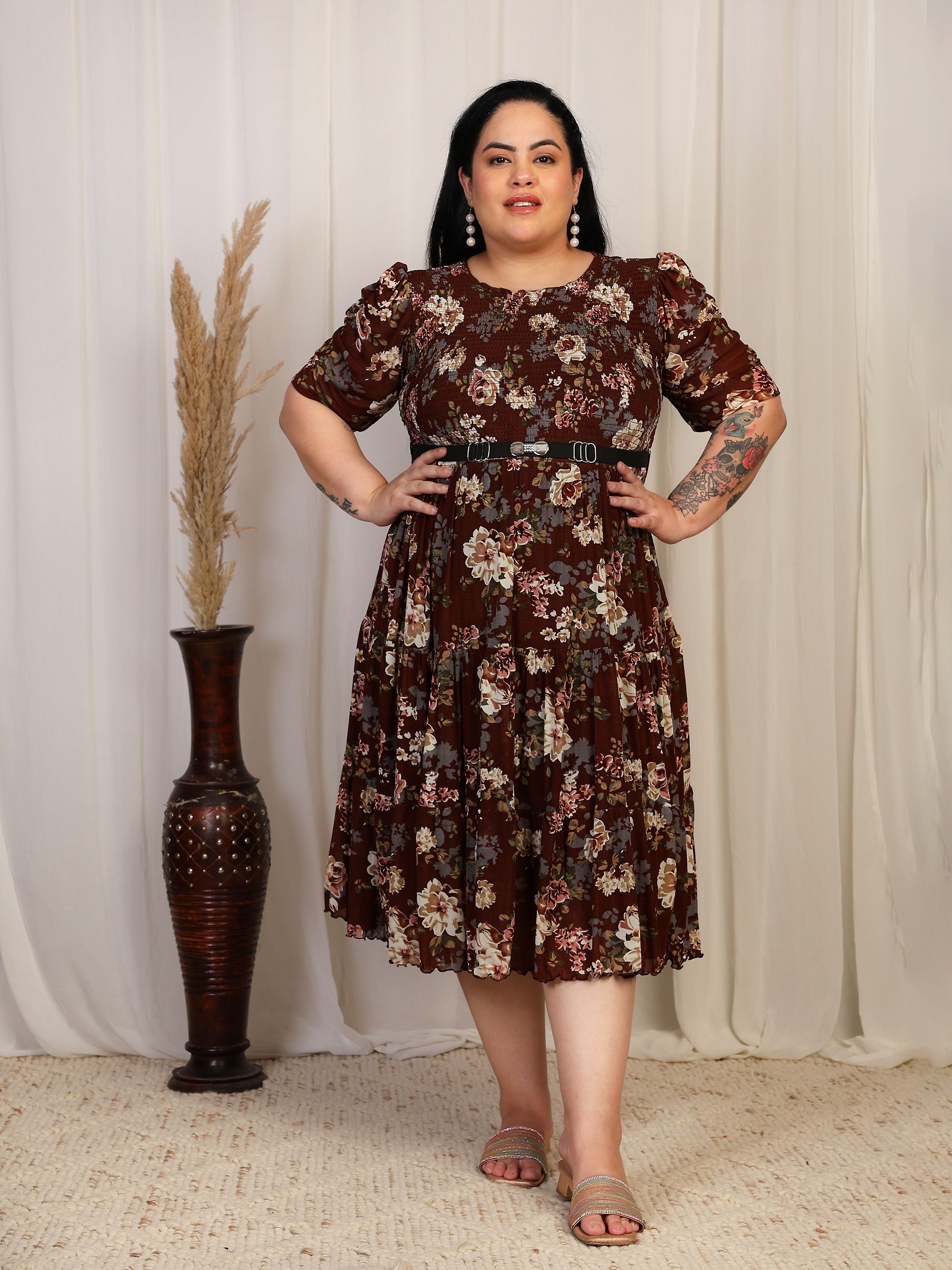 Floral Smocked Midi Dress (Marron) – NAKHRAH FASHION