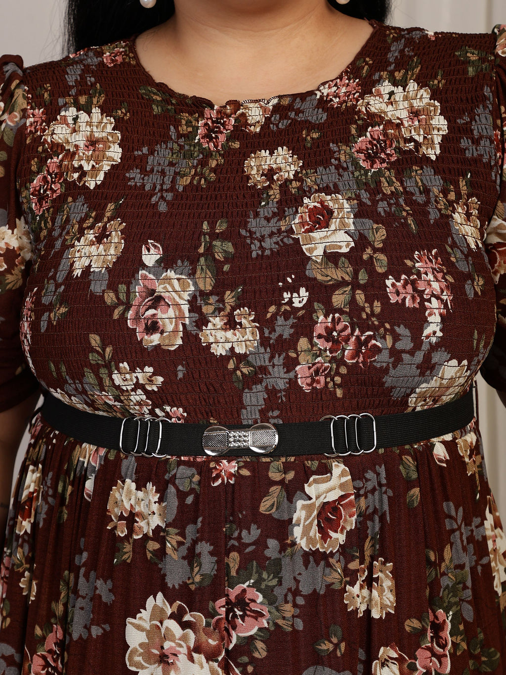 Floral Smocked Midi Dress (Marron)