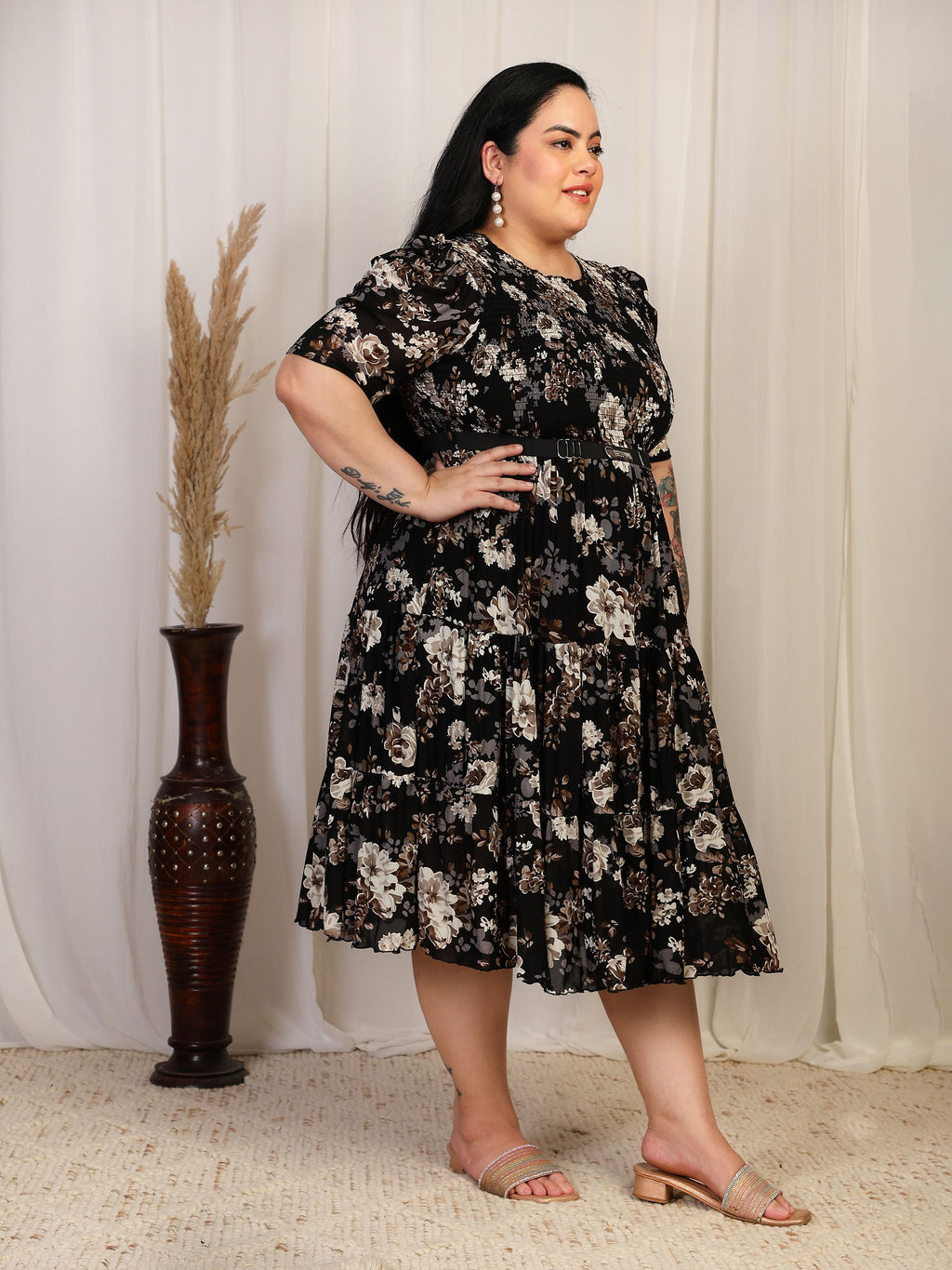 Floral Smocked Midi Dress (Black)