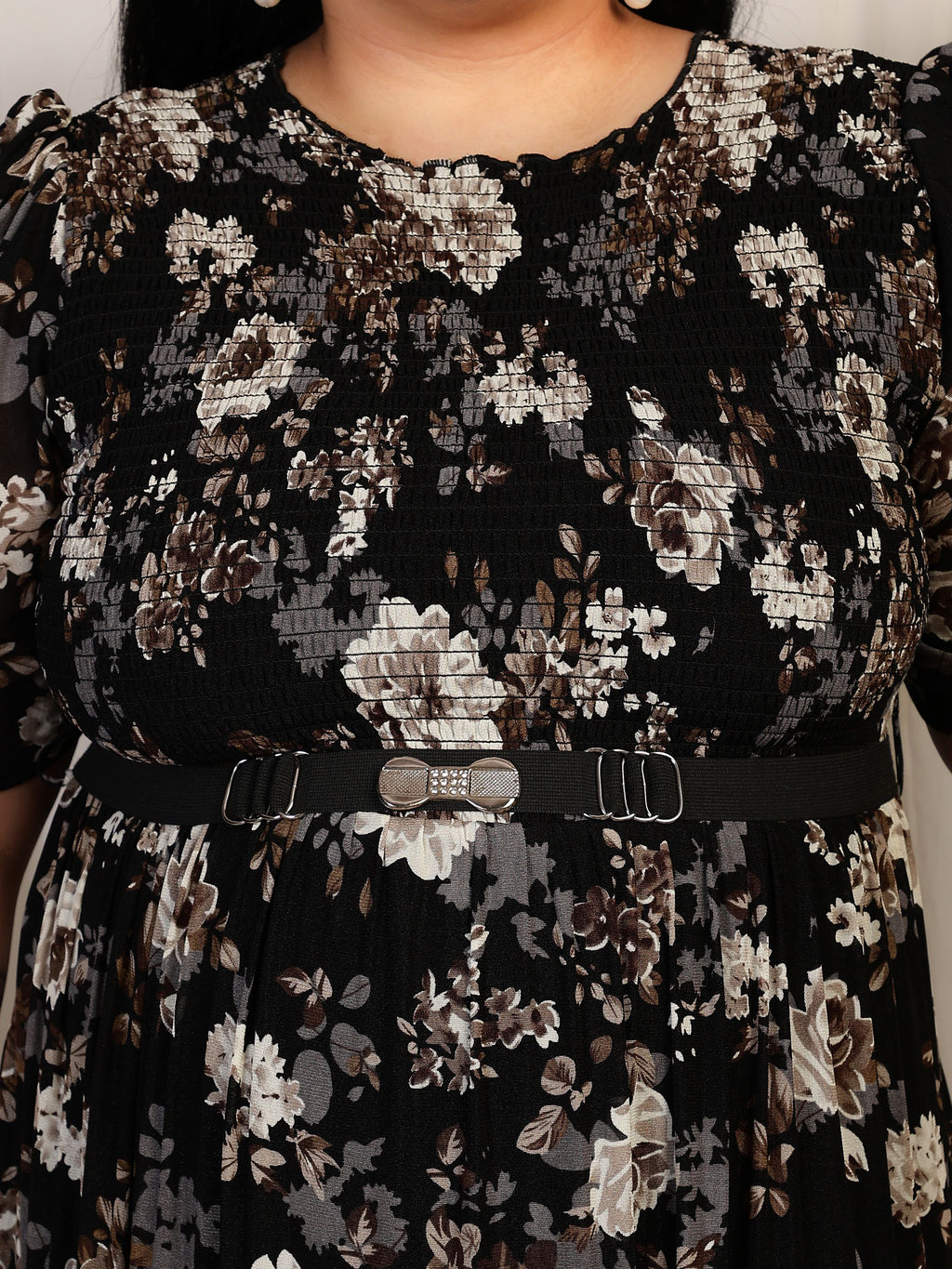 Floral Smocked Midi Dress (Black)