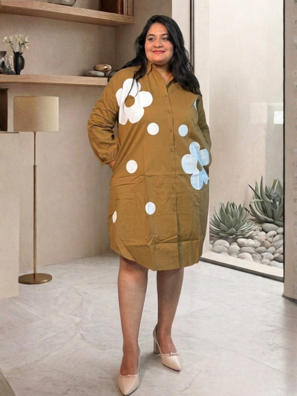 Olive Brown Bloom Dot Shirt Dress
