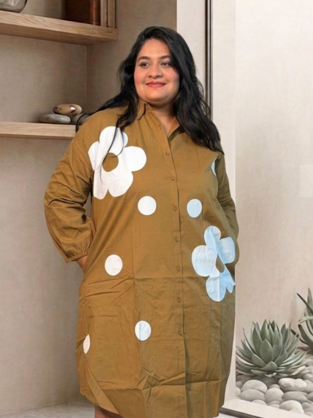 Olive Brown Bloom Dot Shirt Dress