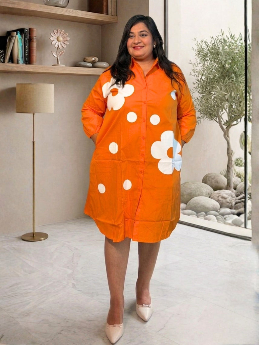Orange Bloom Dot Shirt Dress